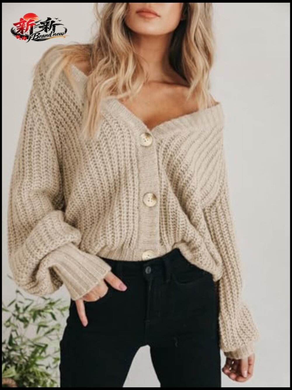 Chunky Knit Open Front Cardigan Sweater Long Sleeve Button Loose Short Coat - Picture 5 of 7